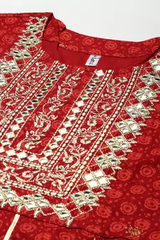 Red printed viscose rayon long-dresses