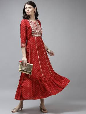 Red printed viscose rayon long-dresses 6