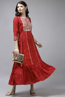 Red printed viscose rayon long-dresses