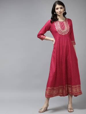 Pink printed viscose rayon long-dresses 1