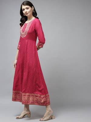 Pink printed viscose rayon long-dresses 2