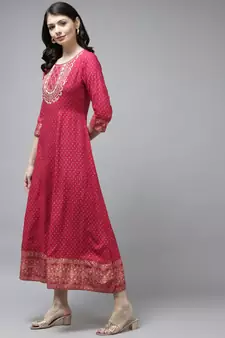 Pink printed viscose rayon long-dresses
