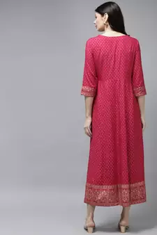 Pink printed viscose rayon long-dresses