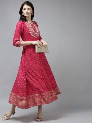 Pink printed viscose rayon long-dresses 5