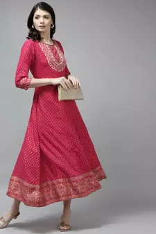 Pink printed viscose rayon long-dresses