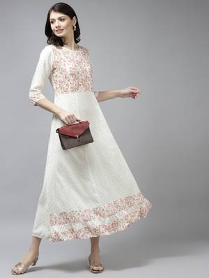 White printed viscose rayon long-dresses 5