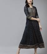 Navy-blue printed viscose rayon long-dresses