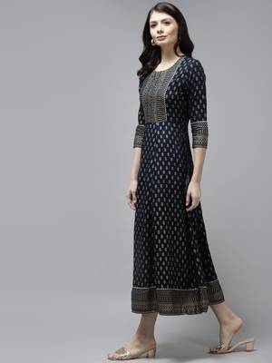 Navy-blue printed viscose rayon long-dresses 2