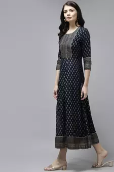 Navy-blue printed viscose rayon long-dresses