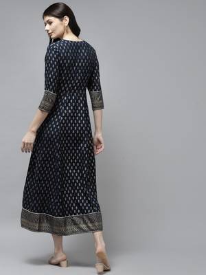 Navy-blue printed viscose rayon long-dresses 3