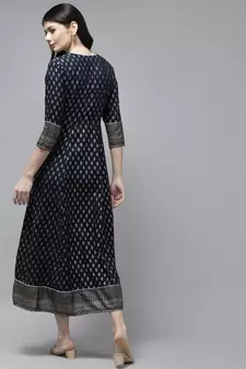 Navy-blue printed viscose rayon long-dresses