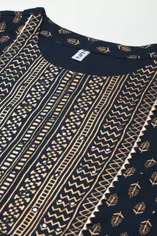 Navy-blue printed viscose rayon long-dresses
