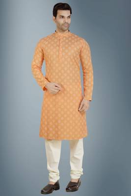 Orange printed linen kurta-pajama 1