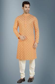 Orange printed linen kurta-pajama