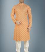 Orange printed linen kurta-pajama