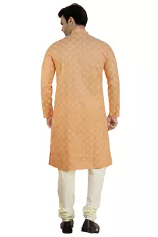Orange printed linen kurta-pajama