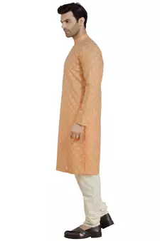 Orange printed linen kurta-pajama
