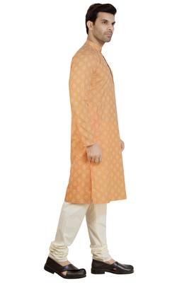 Orange printed linen kurta-pajama 4
