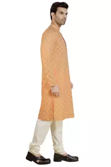 Orange printed linen kurta-pajama