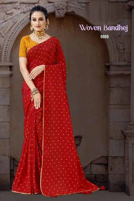 Art Silk Woven Bandhej Saree With Buti And Lace Border Work 1