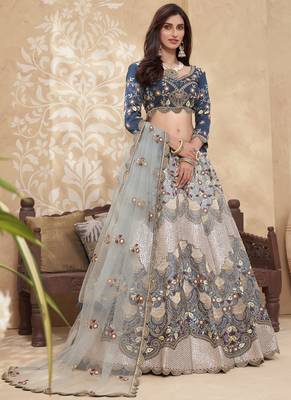Blue And Peach Multi Embroidered Designer Weddinng Lehenga Choli 1