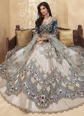 Blue And Peach Multi Embroidered Designer Weddinng Lehenga Choli 2