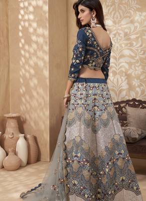 Blue And Peach Multi Embroidered Designer Weddinng Lehenga Choli 3
