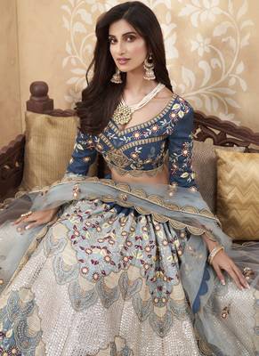 Blue And Peach Multi Embroidered Designer Weddinng Lehenga Choli 4