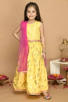 Yellow & Gold Printed Lehenga Choli With Lace Work 