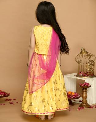 Yellow & Gold Printed Lehenga Choli With Lace Work  2