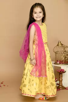 Yellow & Gold Printed Lehenga Choli With Lace Work 