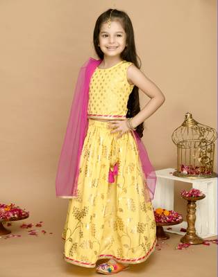 Yellow & Gold Printed Lehenga Choli With Lace Work  5