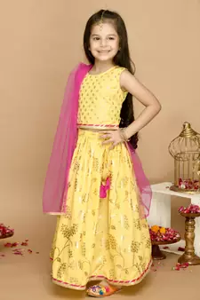 Yellow & Gold Printed Lehenga Choli With Lace Work 