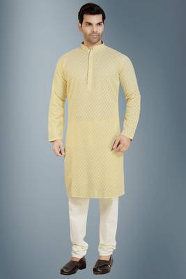 Yellow embroidered pure georgette kurta-pajama 1