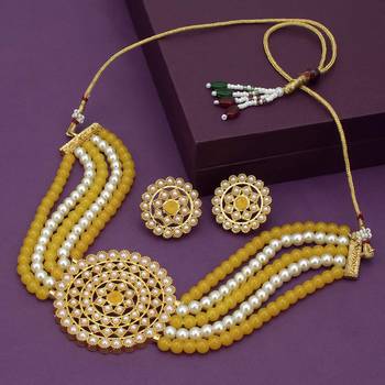 Gold Plated Pearl Diamond Yellow & White Kundan Choker Necklace with Round Earrings Traditional Jewellery Set 1