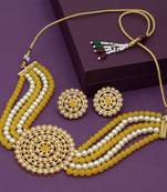 Gold Plated Pearl Diamond Yellow & White Kundan Choker Necklace with Round Earrings Traditional Jewellery Set