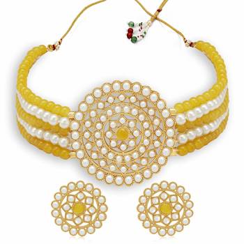 Gold Plated Pearl Diamond Yellow & White Kundan Choker Necklace with Round Earrings Traditional Jewellery Set 2