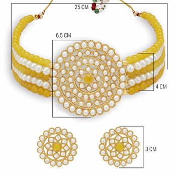 Gold Plated Pearl Diamond Yellow & White Kundan Choker Necklace with Round Earrings Traditional Jewellery Set 4