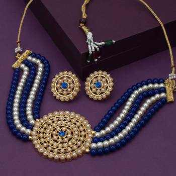 Gold Plated Pearl Diamond Dark blue and white Kundan Choker Necklace with Round Earrings Traditional Jewellery Set 1
