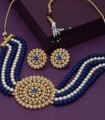 Gold Plated Pearl Diamond Dark blue and white Kundan Choker Necklace with Round Earrings Traditional Jewellery Set