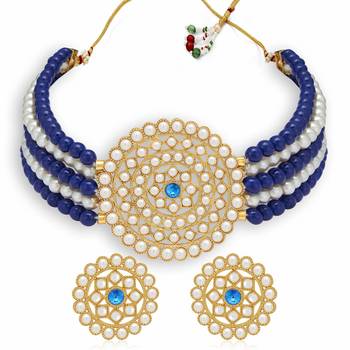 Gold Plated Pearl Diamond Dark blue and white Kundan Choker Necklace with Round Earrings Traditional Jewellery Set 2