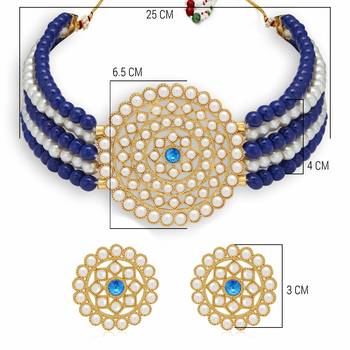 Gold Plated Pearl Diamond Dark blue and white Kundan Choker Necklace with Round Earrings Traditional Jewellery Set 4