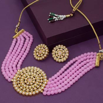 Gold Plated Pearl Diamond Pink Kundan Choker Necklace with Round Earrings Traditional Jewellery Set 1