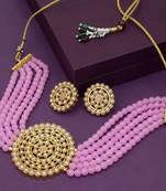 Gold Plated Pearl Diamond Pink Kundan Choker Necklace with Round Earrings Traditional Jewellery Set