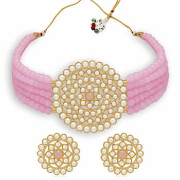 Gold Plated Pearl Diamond Pink Kundan Choker Necklace with Round Earrings Traditional Jewellery Set 2