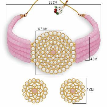 Gold Plated Pearl Diamond Pink Kundan Choker Necklace with Round Earrings Traditional Jewellery Set 4