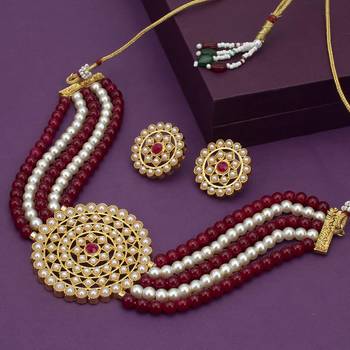 Gold Plated Pearl Diamond Maroon and White Kundan Choker Necklace with Round Earrings Traditional Jewellery Set 1