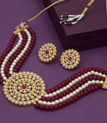 Gold Plated Pearl Diamond Maroon and White Kundan Choker Necklace with Round Earrings Traditional Jewellery Set