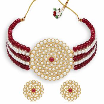 Gold Plated Pearl Diamond Maroon and White Kundan Choker Necklace with Round Earrings Traditional Jewellery Set 2