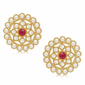 Gold Plated Pearl Diamond Maroon and White Kundan Choker Necklace with Round Earrings Traditional Jewellery Set 3